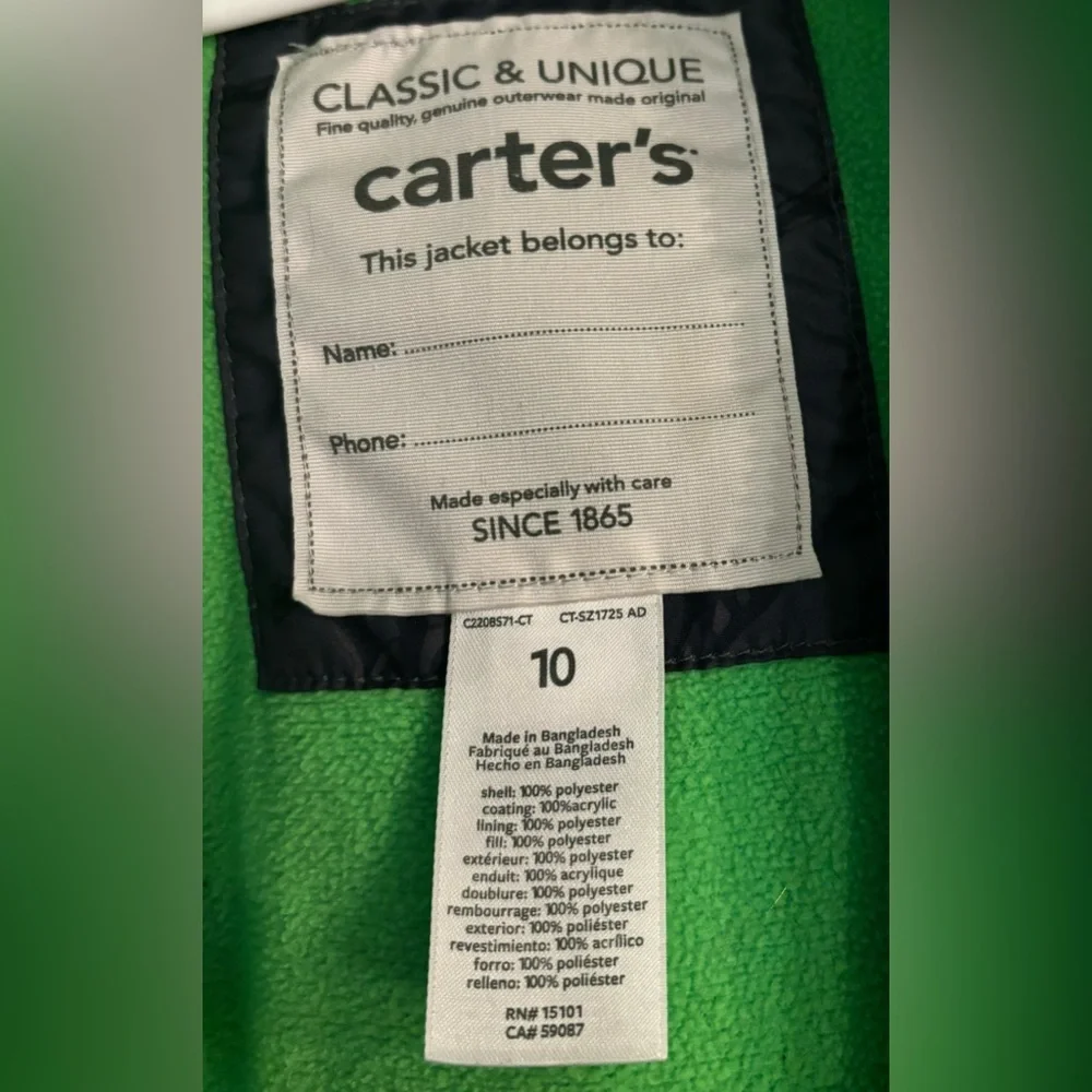 Carter's Classic & Unique Boys Gray Green Dinosaur Winter Coat‎ Size 10 Hooded